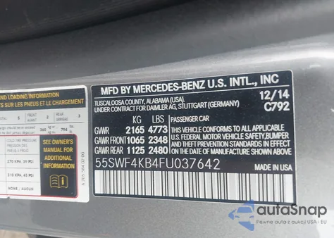 2015 Mercedes-Benz C 300 4Matic from USA, damaged, VIN 55SWF4KB4FU037642